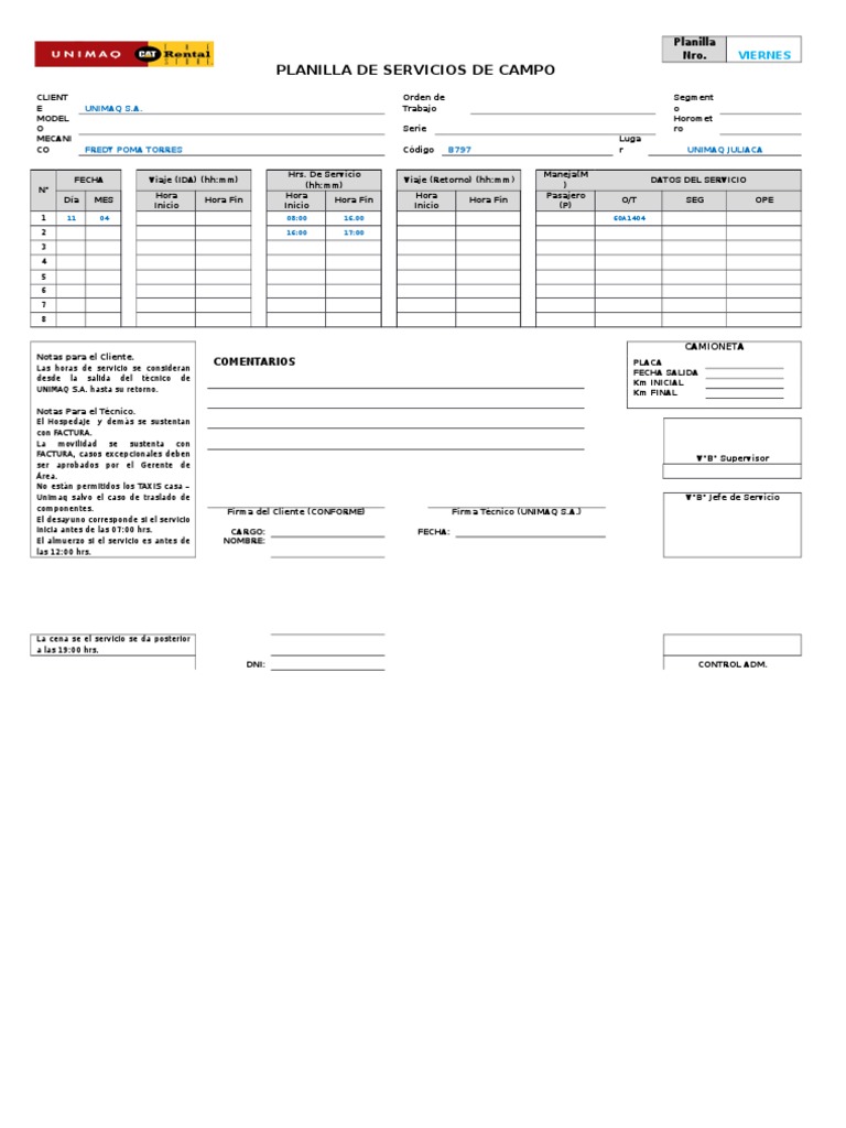 Planilla de Servicios de Campo UNIMAQ | PDF