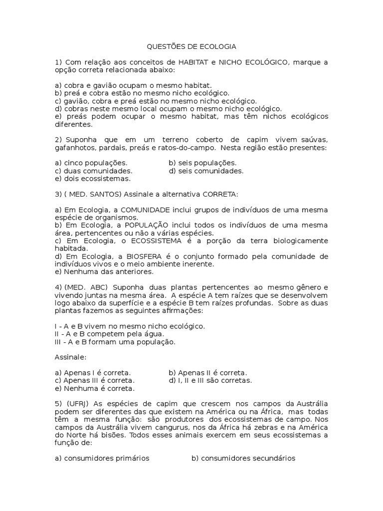 Questões de Ecologia - 2 Série | PDF | Ecologia | Predação