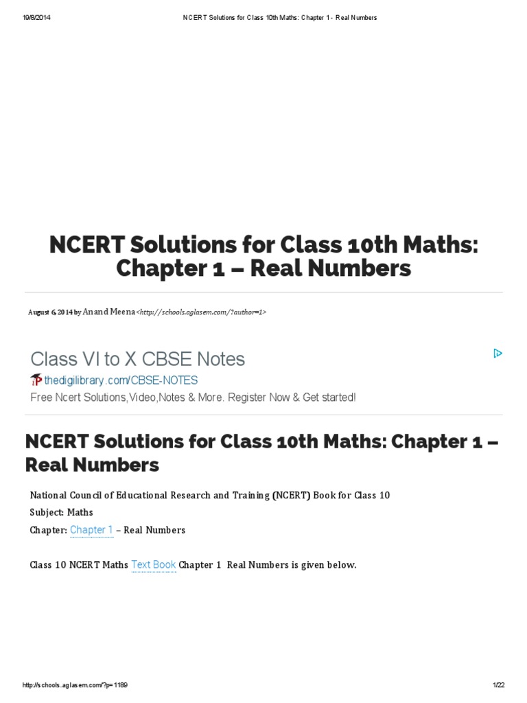 NCERT Solutions For Class 10th Maths - Chapter 1 - Real Numbers PDF ...