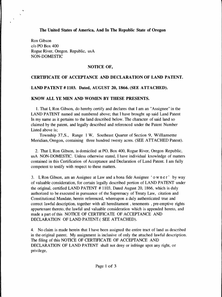 Declaration of Land Patent #1103 | PDF | Assignment (Law) | Patent