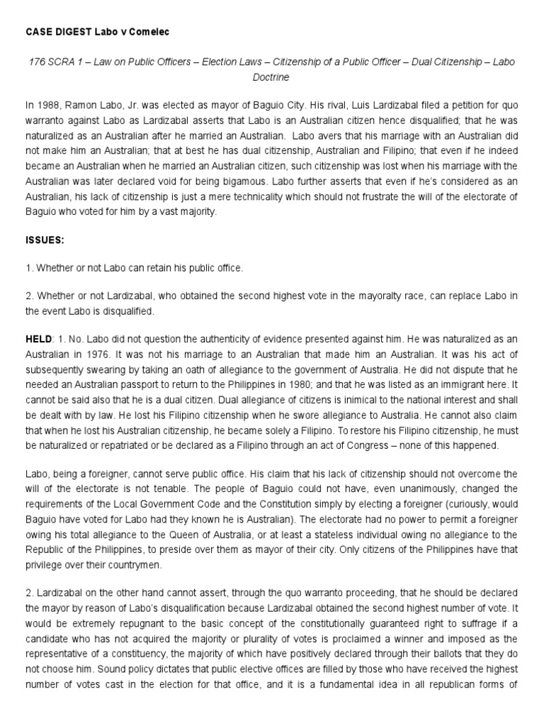 Case Digest Labo V Comelec PDF Naturalization Citizenship