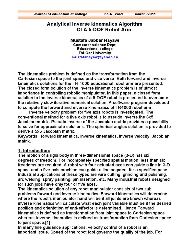 Analytical Inverse Kinematics Algorithm of 5 Dof Robot Arm | PDF ...