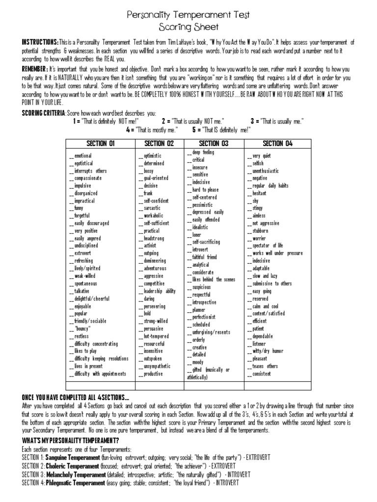Personality Temperament Test Pdf Extraversion And Introversion