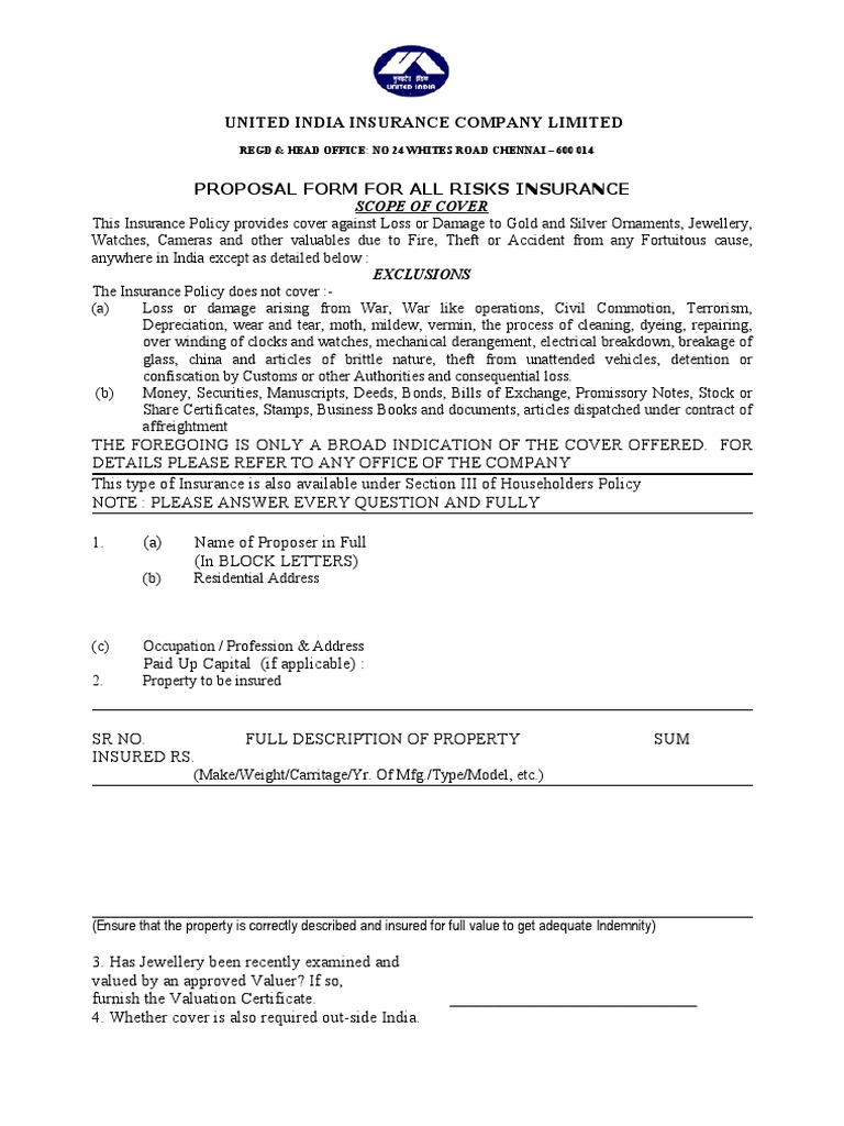 All Risk Insurance Proposal Form | Insurance | Private Law