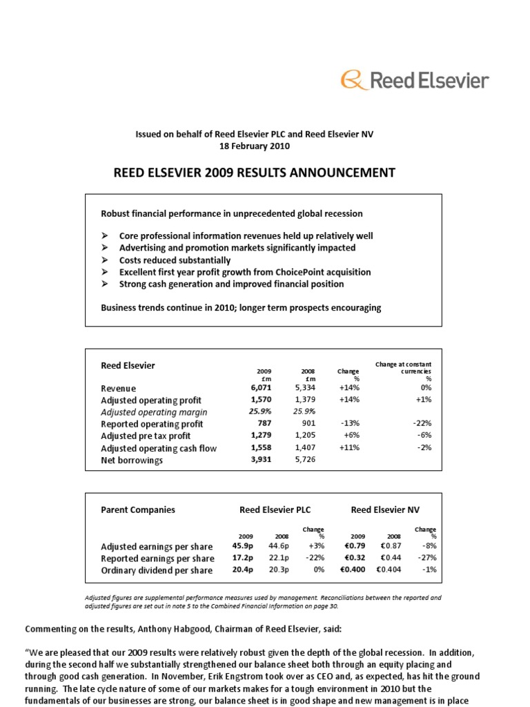 Reed Elsevier 2009 Investor Presentation PDF Mergers And