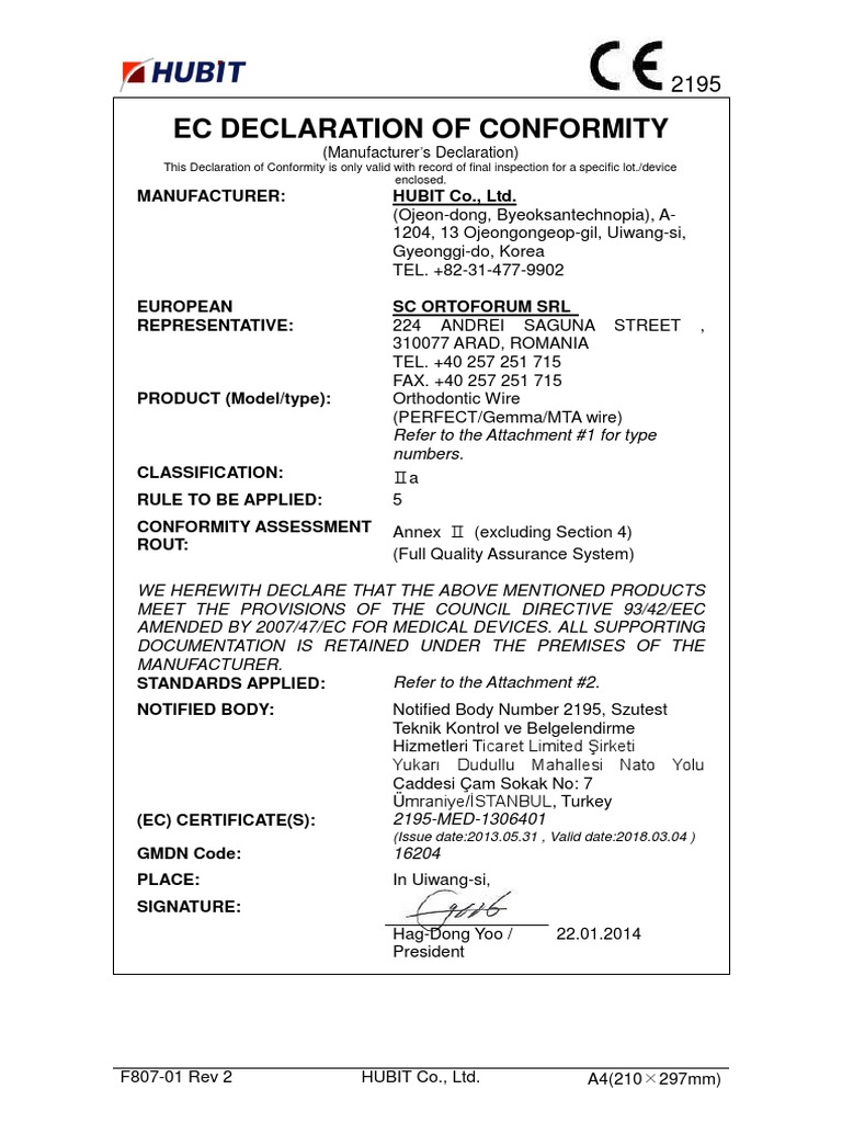 Wire Declaration of Conformity Medical Device Technology