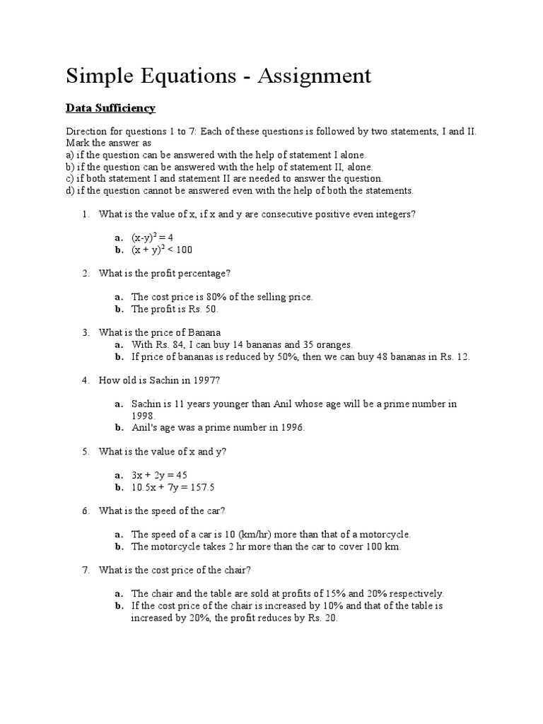 Simple Equations Assignment | PDF