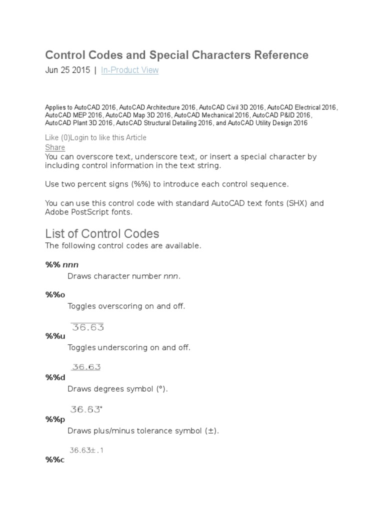 Control Codes and Special Characters Reference in AutoCAD PDF Auto