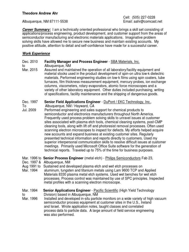 Applications Engineer Semiconductor Chemicals in Albuquerque NM Resume