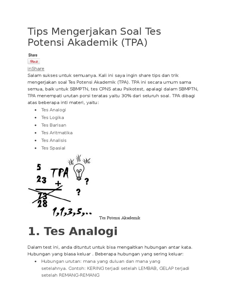 Jenisjenis Soal Tes Potensi Akademik Tpa Dan Fungsinya