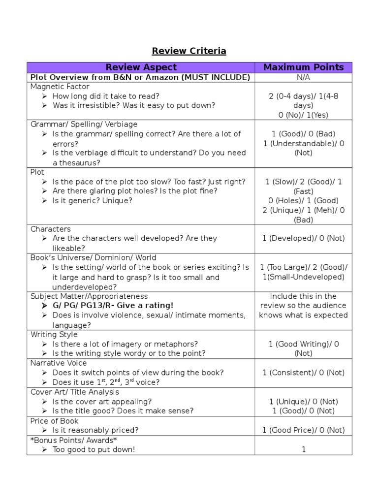 Book Review Scoring Criteria Guide | PDF | Language Arts & Discipline ...