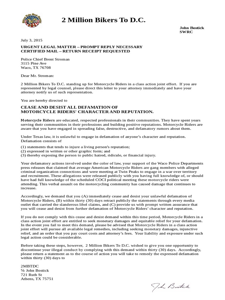 Cease and Desist Letter To Waco Police Chief  PDF  Defamation Intended For Cease And Desist Letter Template Defamation