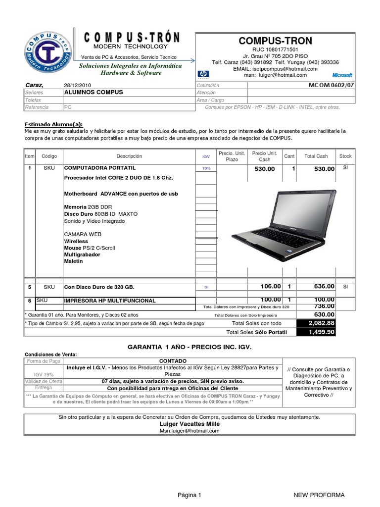 Proforma de Computadoras y Laptops | PDF