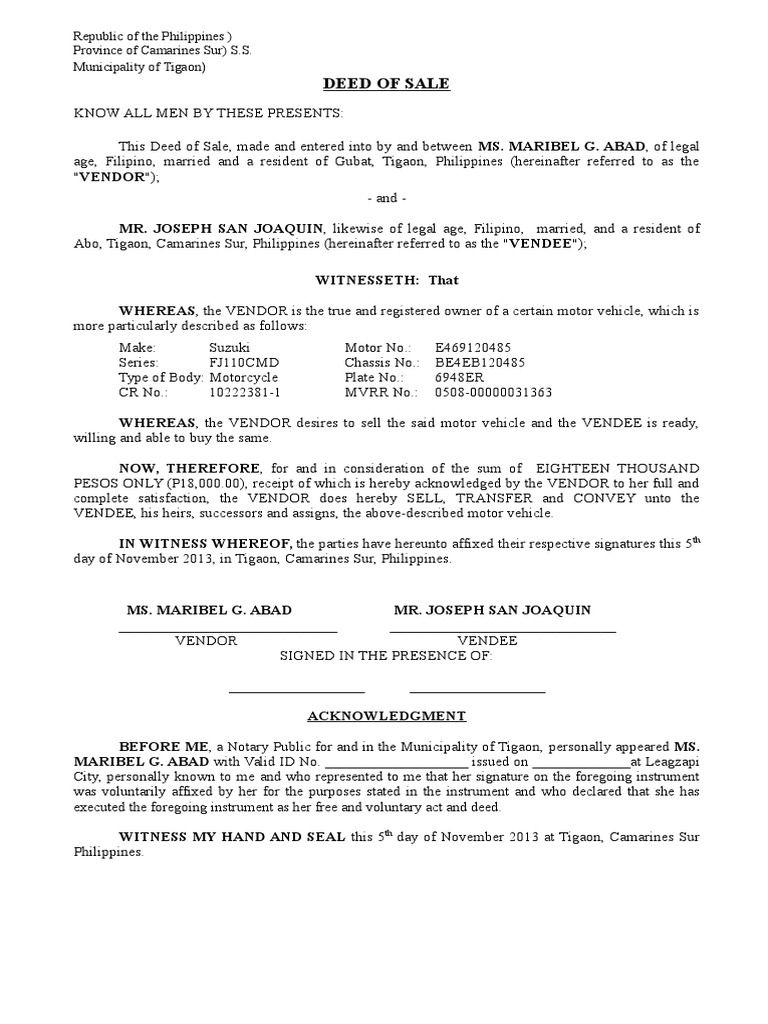 Deed of sale motor vehicle