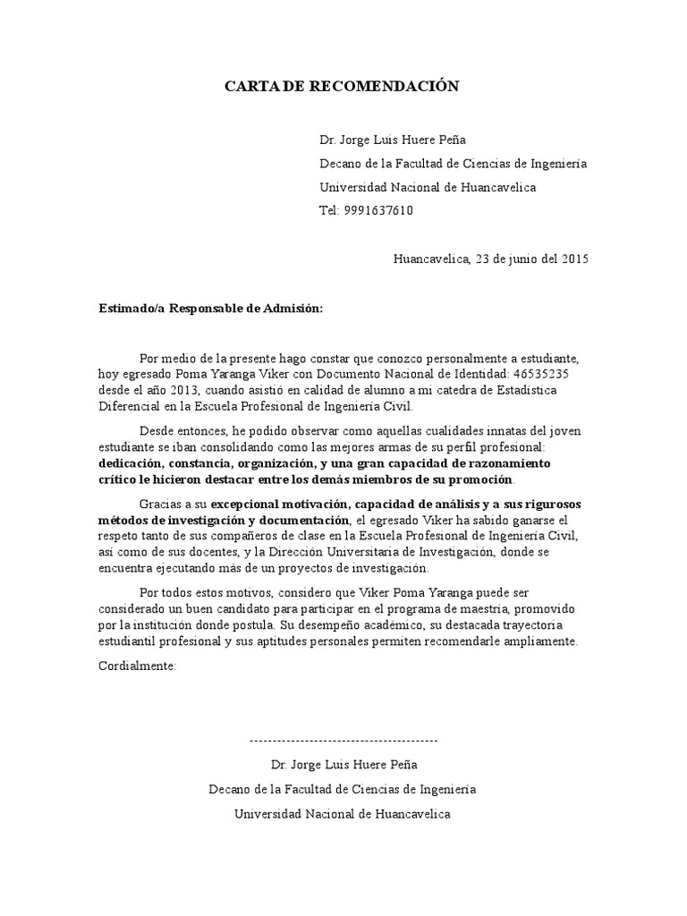 Carta de Recomendacion  PDF  Universidad  Ingeniería