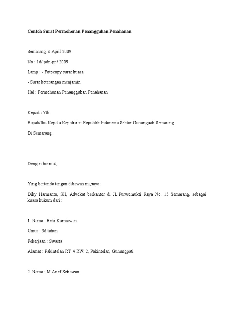Contoh Surat Permohonan Penangguhan Penahanan  PDF