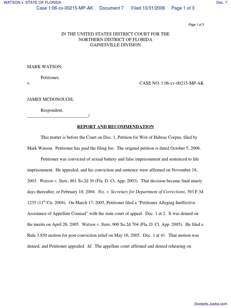WATSON v. STATE OF FLORIDA Document No. 7 PDF State Court (United