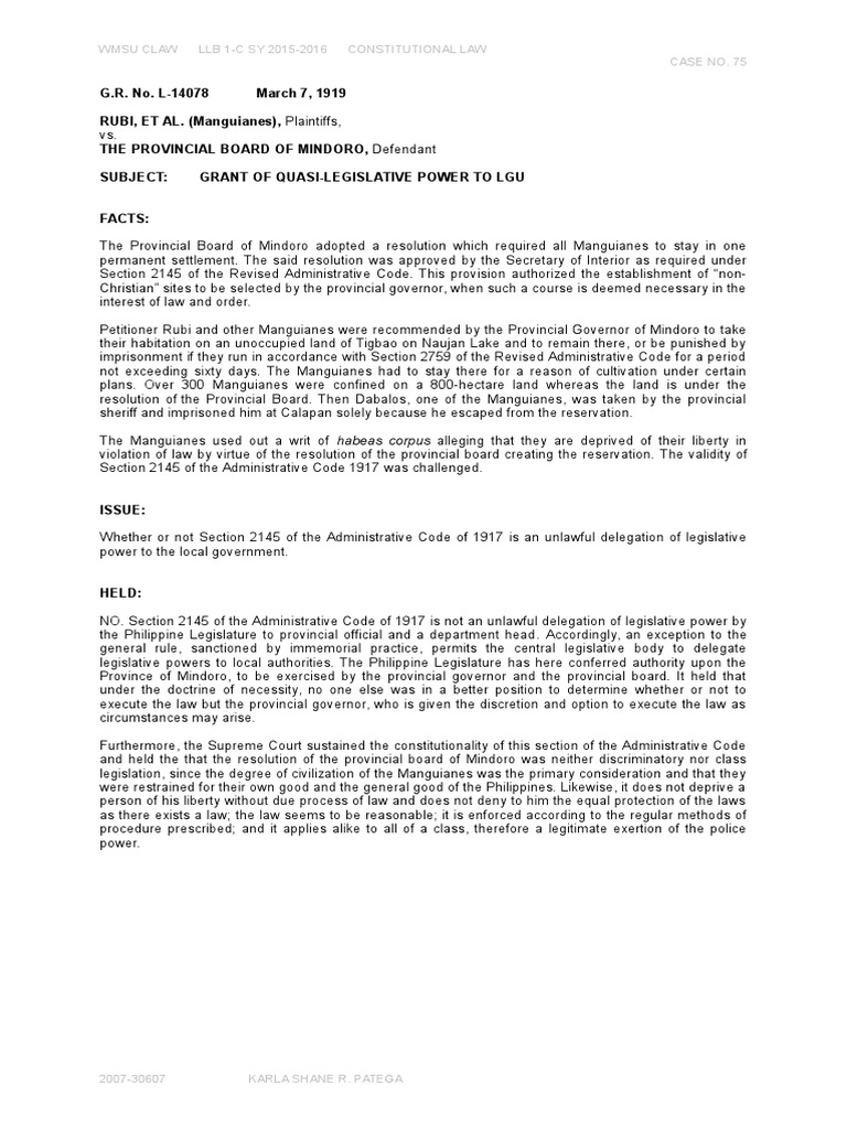 Case No. 75 - Rubi vs. PB Mindoro GR No L-14078 03071919 - Digest 