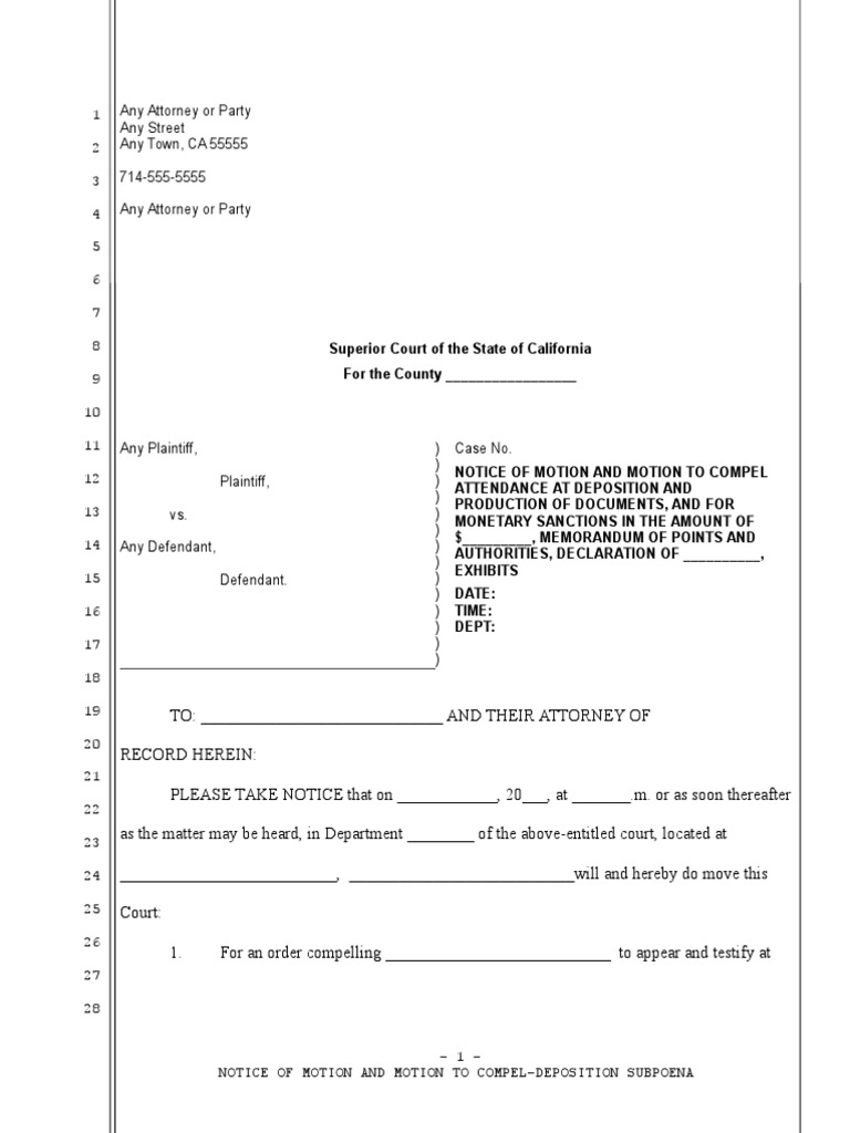 Motion to Compel Deposition Attendance | PDF | Deposition (Law) | Virtue