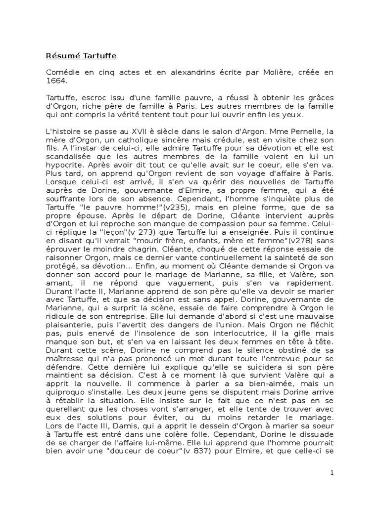 Résumé Tartuffe  Molière  Comédie