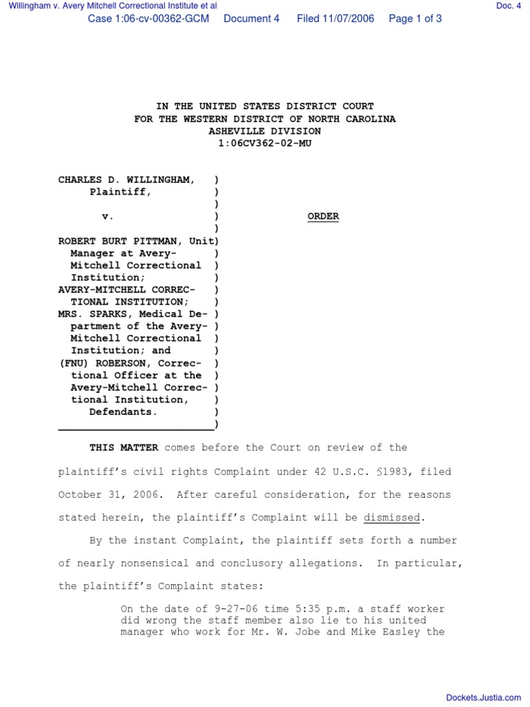 Willingham v. Avery Mitchell Correctional Institute Et Al Document No