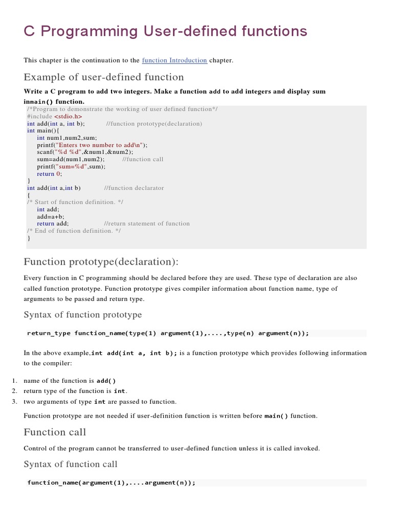 C Programming User Defined Function | PDF | Subroutine | Parameter ...