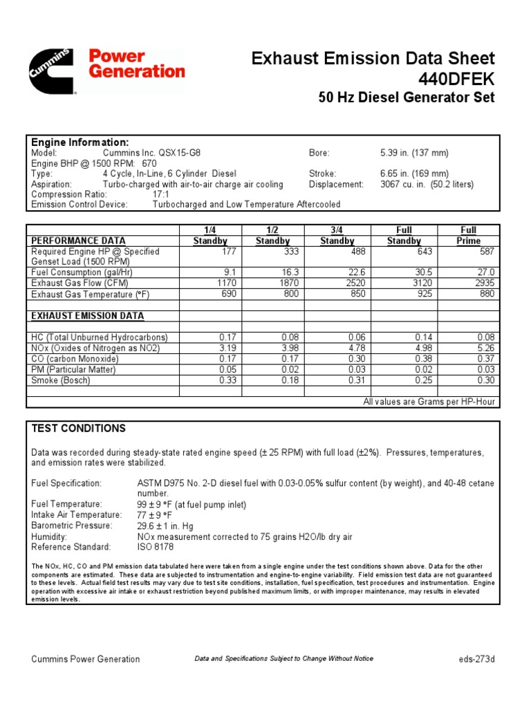 QSX15-G8 Engine Emission Data Sheet | PDF