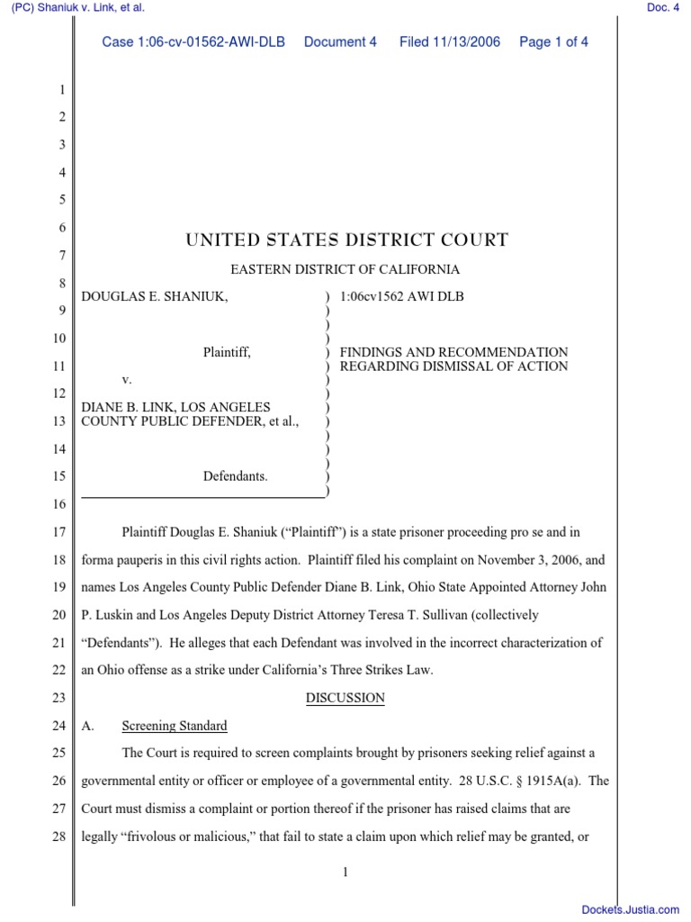 United States District Court Case 106cv01562AWIDLB Document 4 Filed 11/13/2006 Page 1 of 4