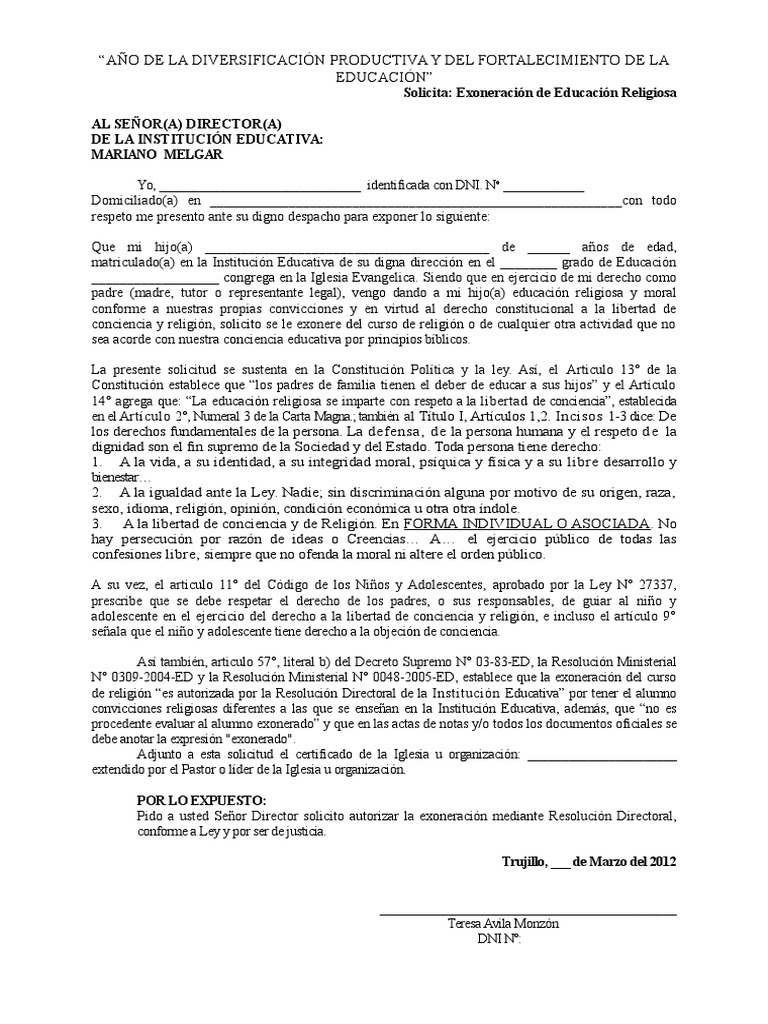 Modelo de Solicitud de Exoneracion Del Curso de Religion  Constitución