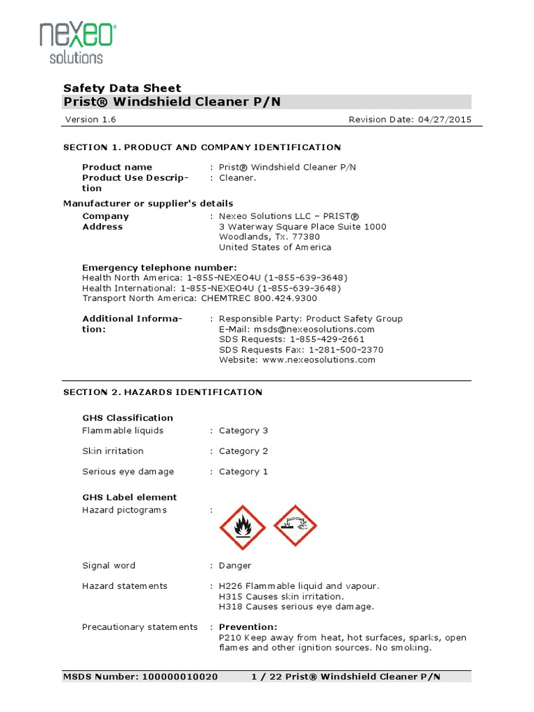 Prist Window Cleaner MSDS PDF Toxicity Carbon Dioxide