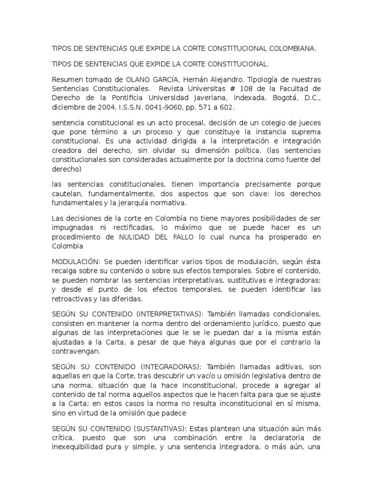 Tipos de Sentencias Que Expide La Corte Constitucional Colombiana | PDF