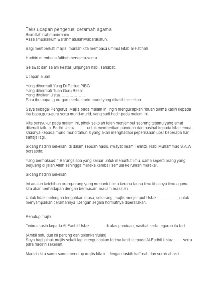 Teks Ucapan Pengerusi Ceramah Agama