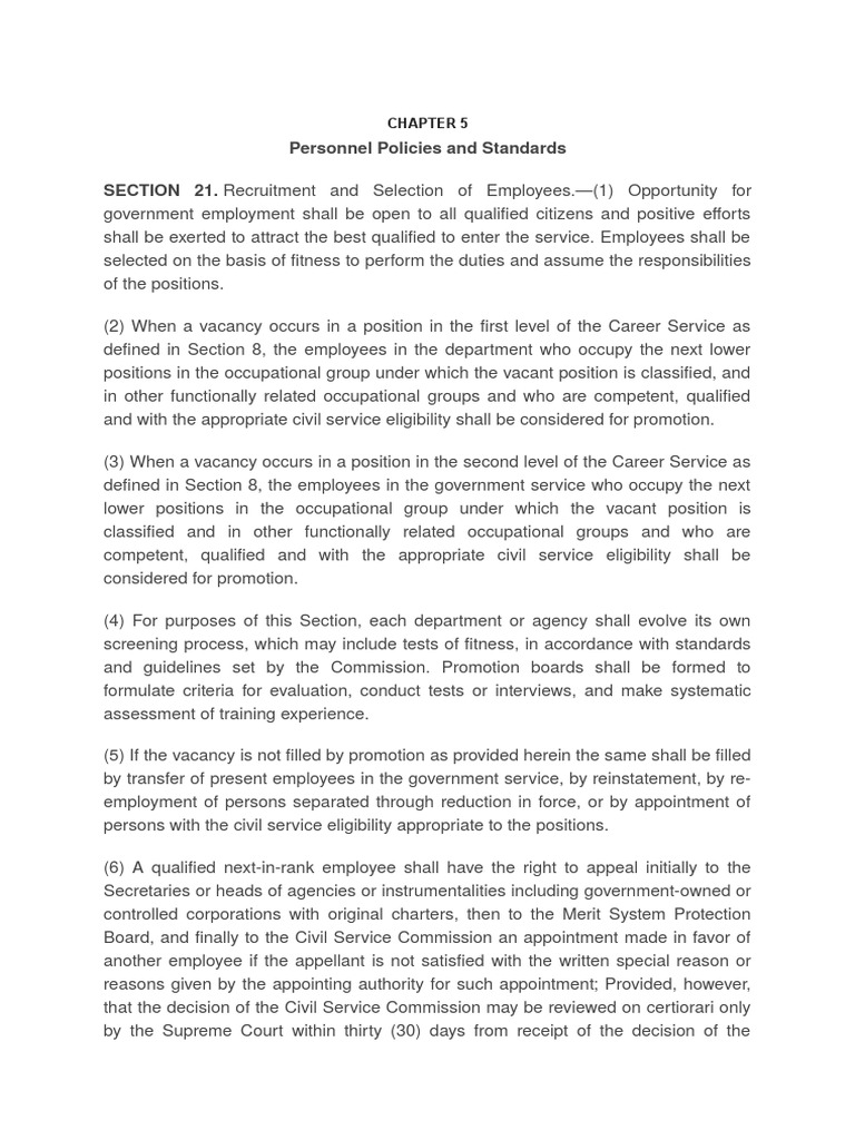 Personnel Policies and Standards SECTION 21. Recruitment and Selection of  Employees. - (1) Opportunity For | PDF | Performance Appraisal | Civil  Service