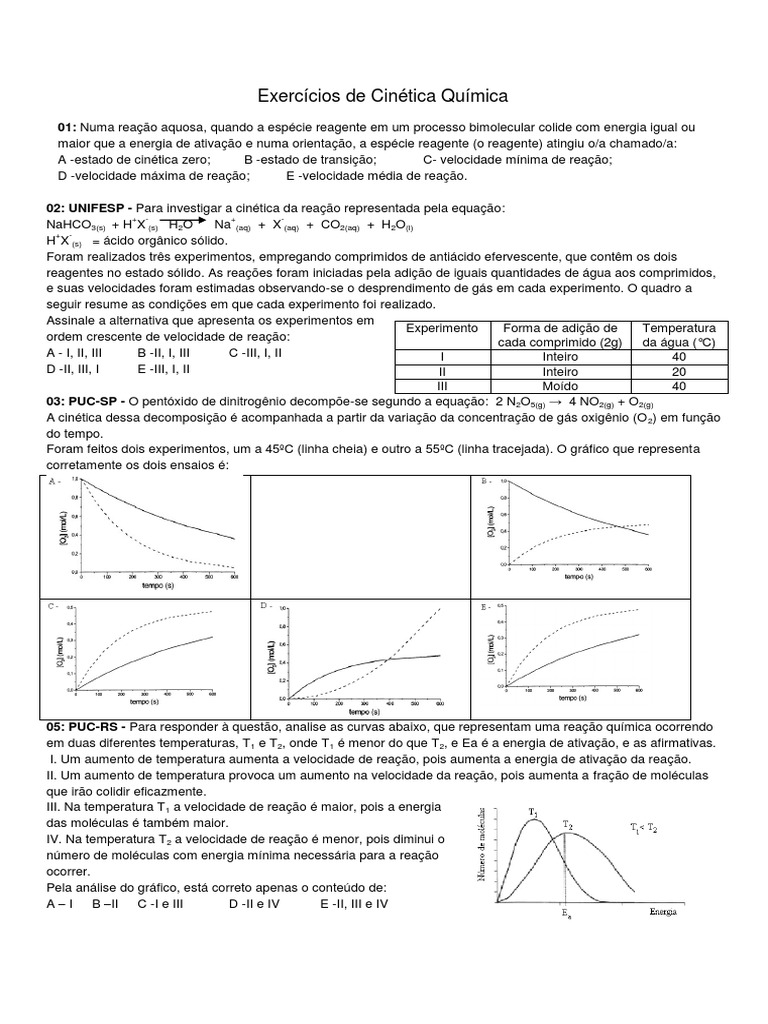 Exercícios de Cinética Química | PDF | Energia de ativação | Cinética ...