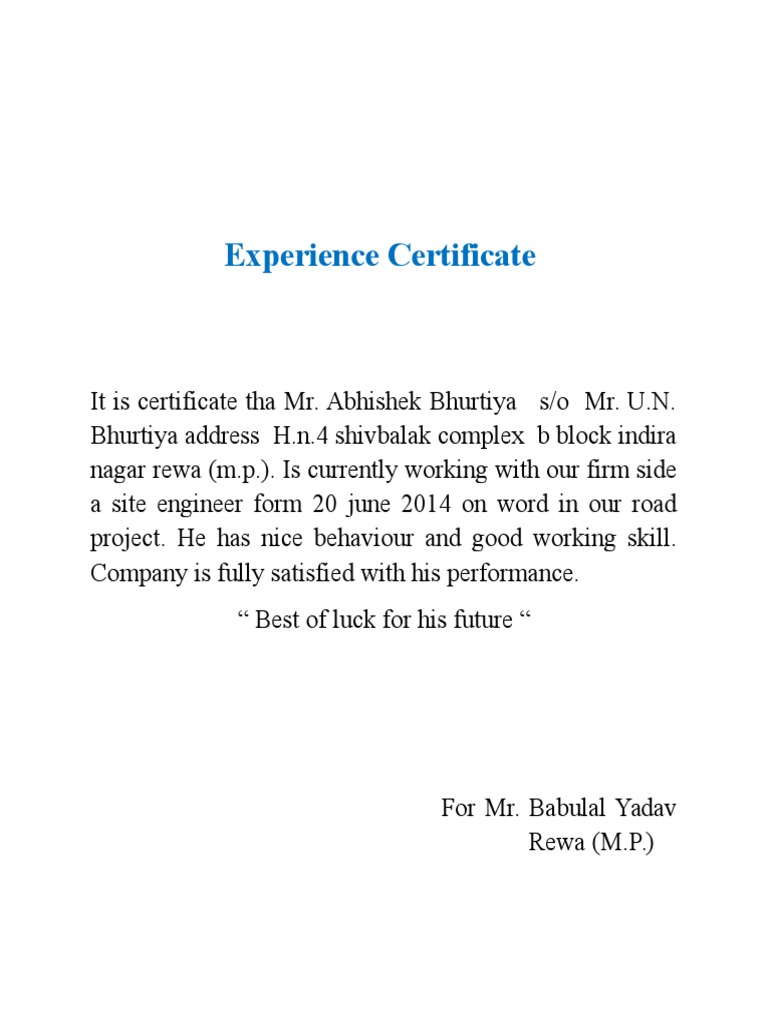 Experience Certificate PDF