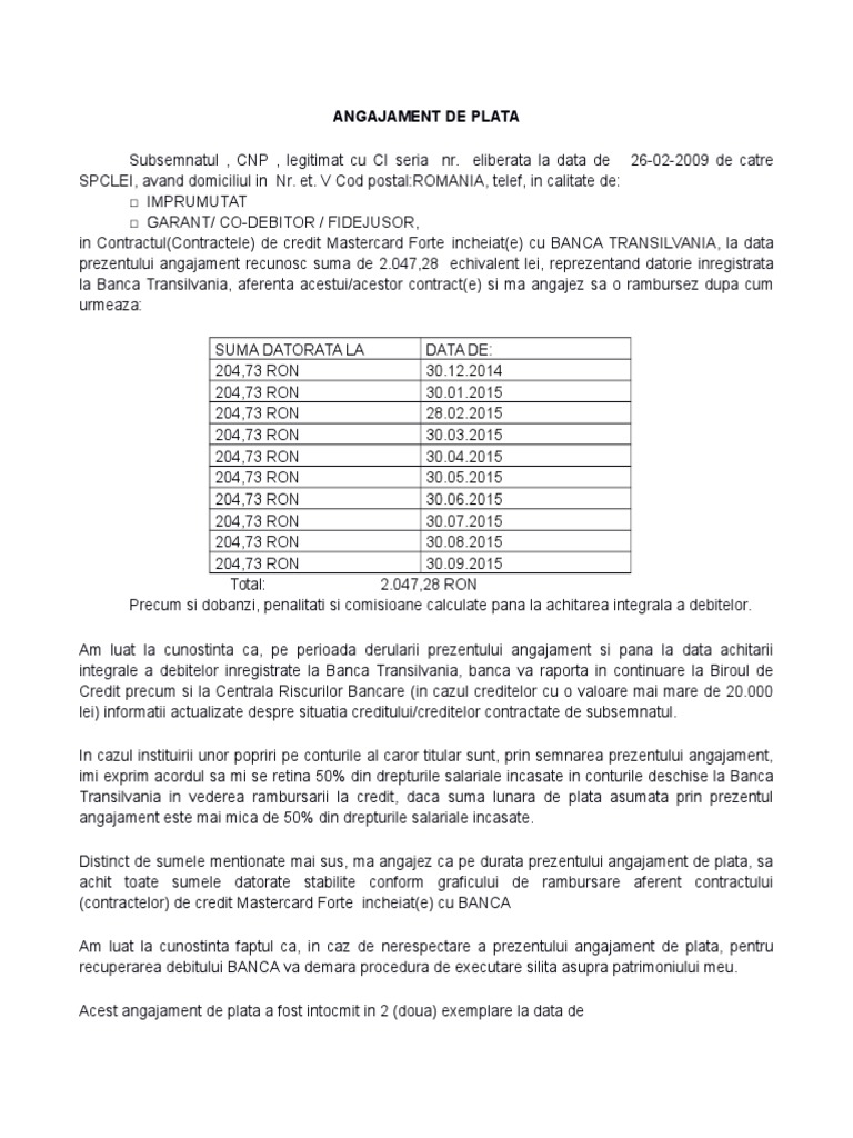 Angajament de plata model pdf