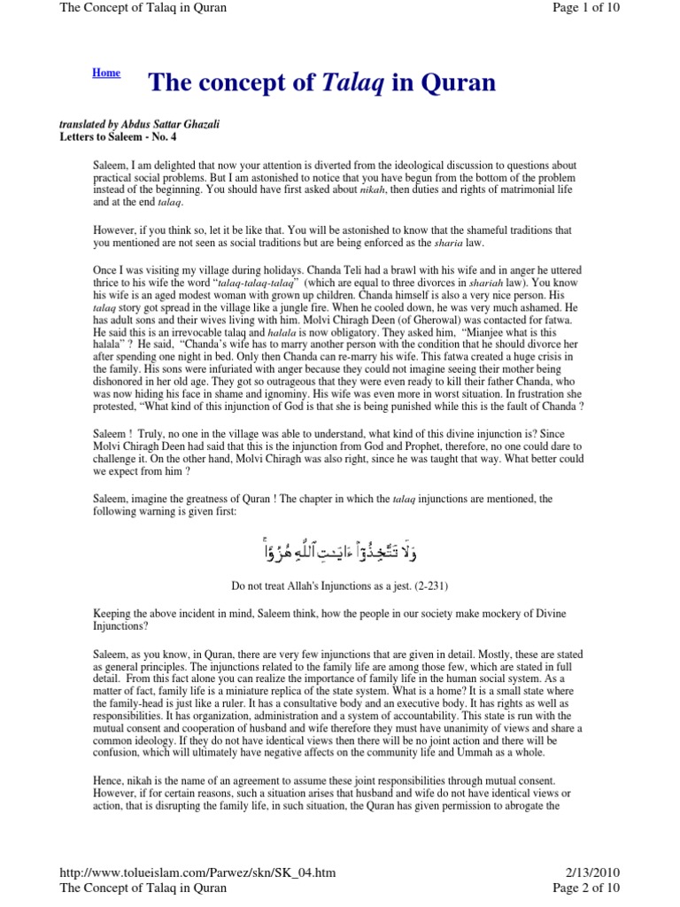 The Concept of Talaq by G A Parwez Published by Idara Tulu-E-Islam ...