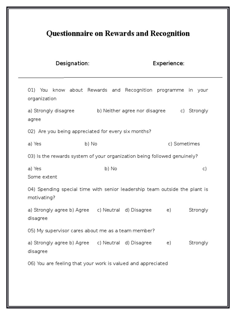 Employee Rewards and Recognition Survey | PDF | Organizational Behavior ...