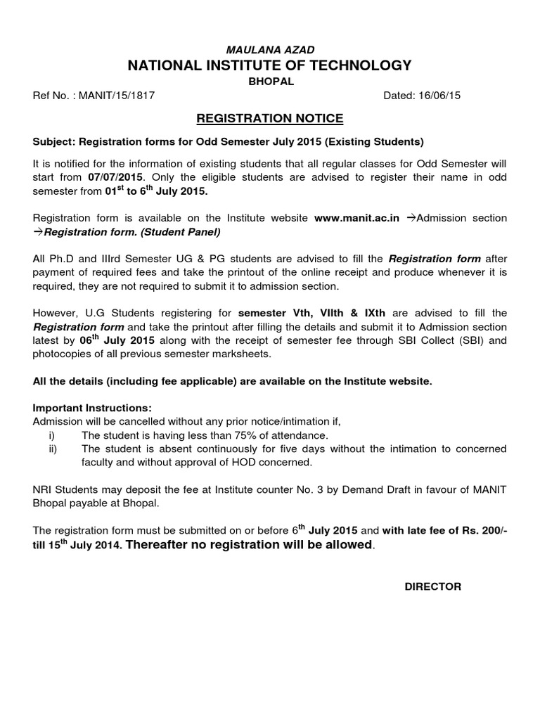 National Institute of Technology: Registration Notice | PDF
