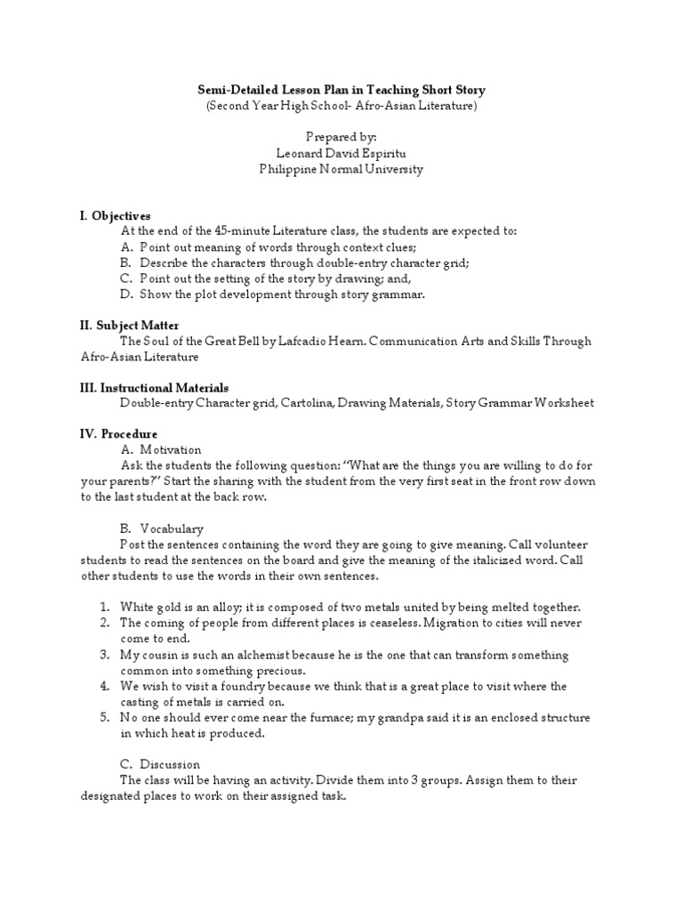 Semi-Detailed Lesson Plan in Teaching Short Story | PDF | Lesson Plan ...
