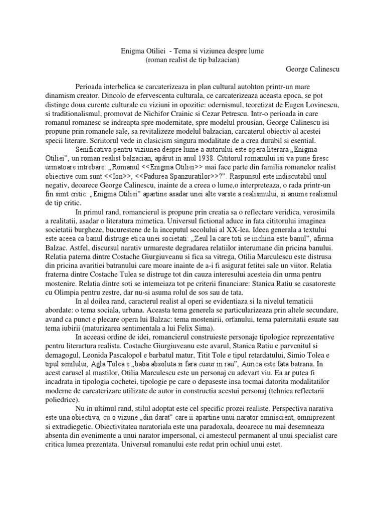 Enigma Otiliei tema si viziunea despre lume -Bacalaureat