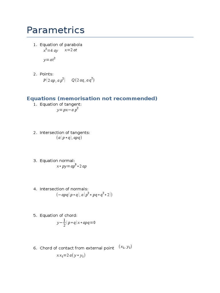 Parabola Equations and Properties | PDF