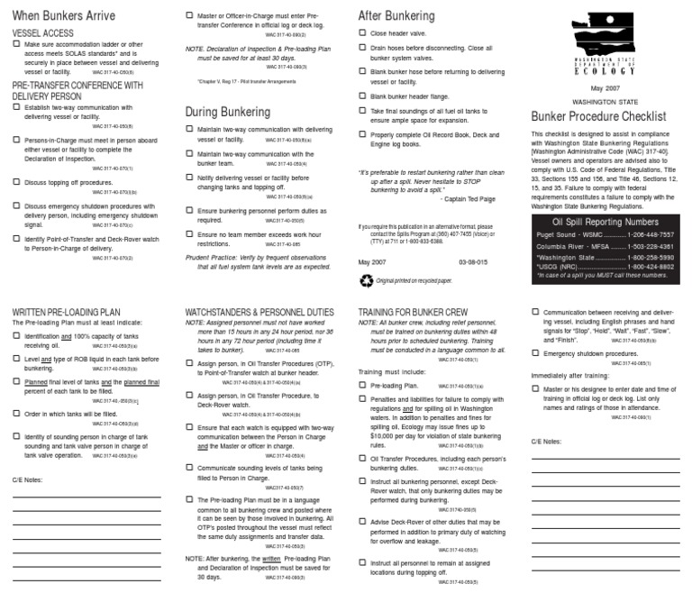 Bunker Procedure Clwashington State Fuel Oil Nature