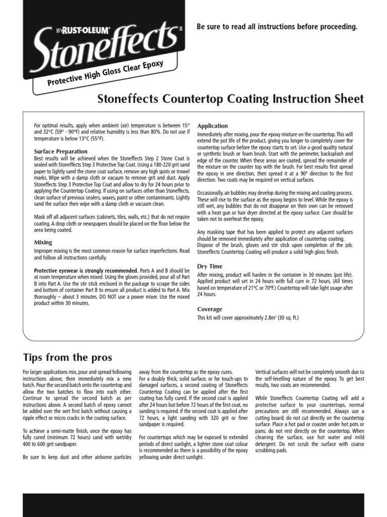 Stoneffects Countertop Coating Instruction Sheet Ive Hig H Gloss Clear