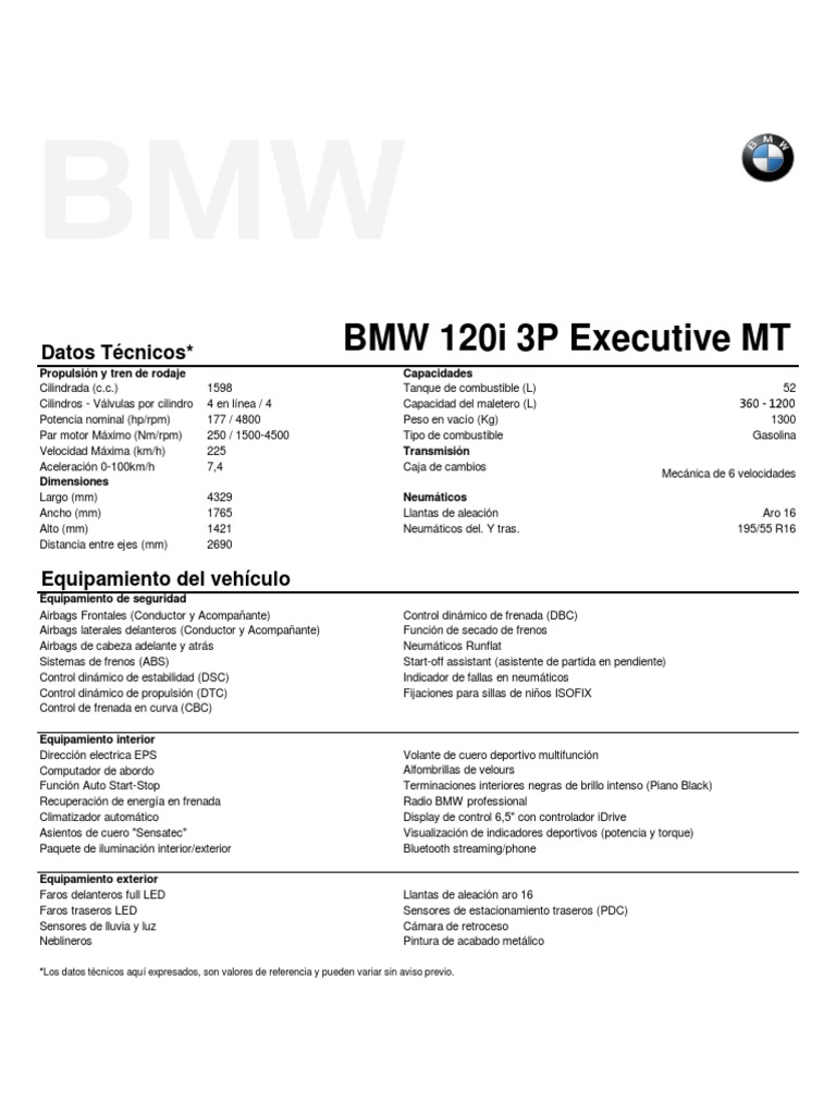 Ficha Técnica All New BMW 120i 3P Executive MT | PDF