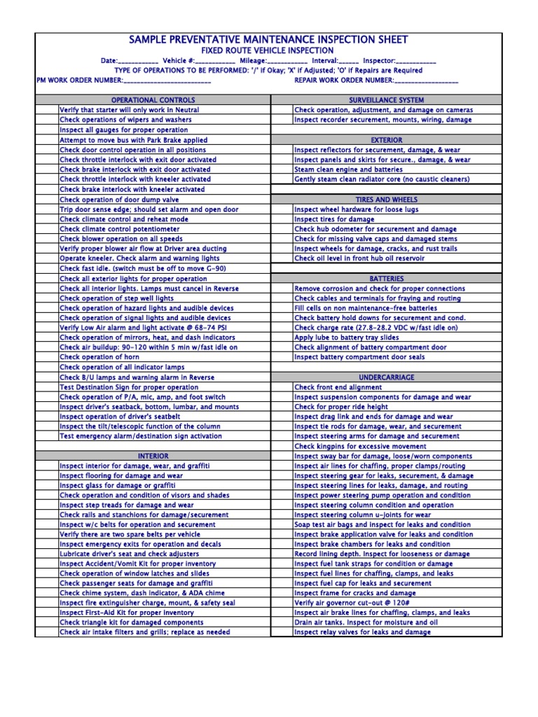 PM Inspection Checklist for Buses | PDF | Leak | Elevator