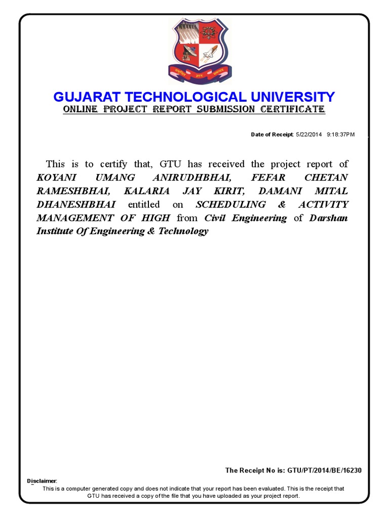 GTU Project Certificate PDF