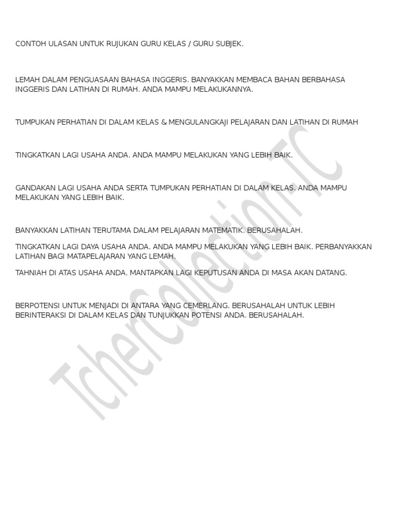 Contoh Ulasan Untuk Rujukan Guru Kelas - Guru Subjek  PDF