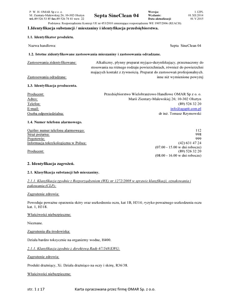 Karta Charakterystyki Septa SineClean 04 Sc4 Food PDF