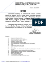 Notice: Office of The Controller of Examinations (Admission Section), A.M.U., Aligarh